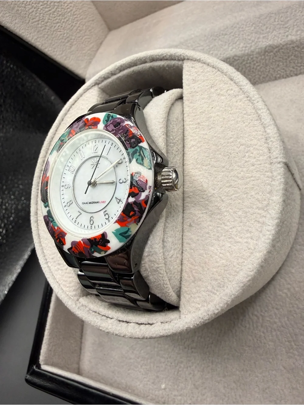 Isaac Mizrahi Live! Black Floral Bracelet Watch - Rare Find!